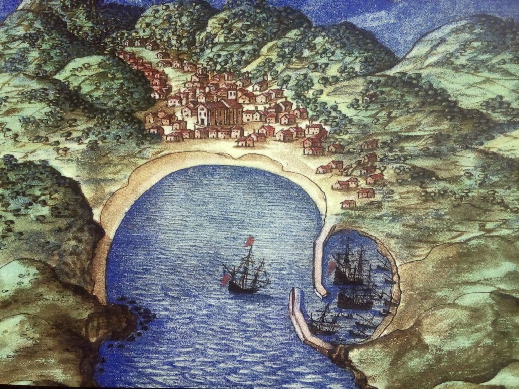 watercolor map of Mutriku, 1634